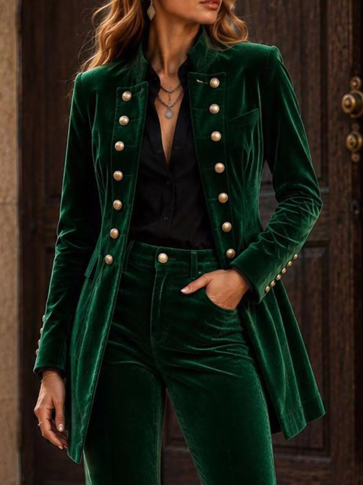 Velvet Double-Breasted Blazer and Flare Pants Set
