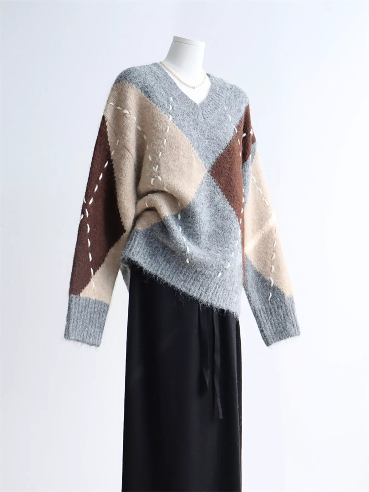 Argyle Pattern V-Neck Oversized Sweater