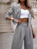 Striped Cropped Blazer and Wide-Leg Pants Two-Piece Set
