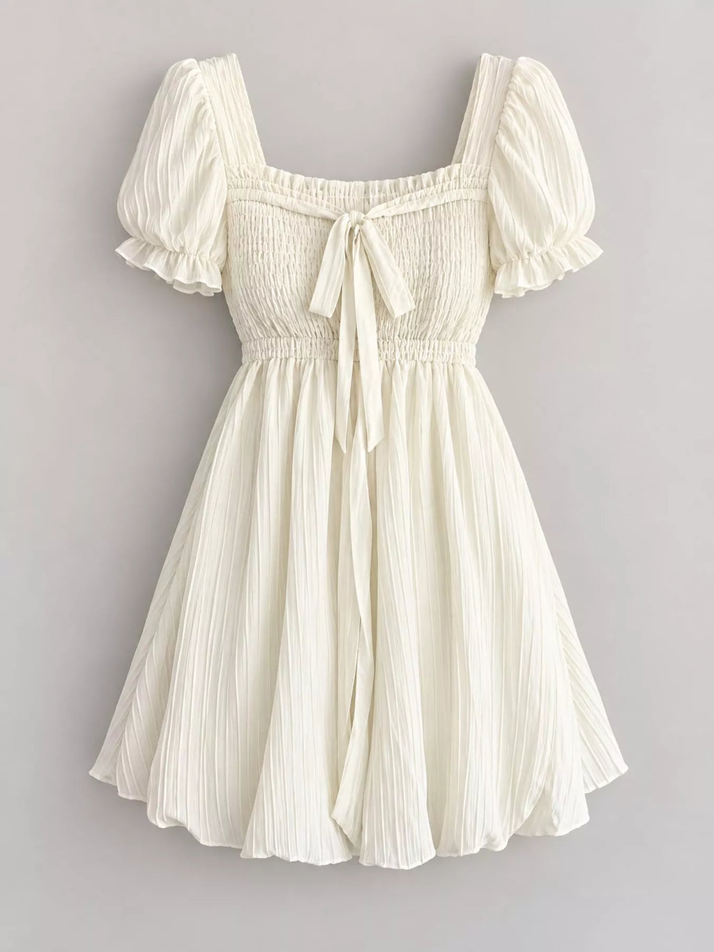 Puff-Sleeve Smocked Mini Dress with Tie-Front Detail