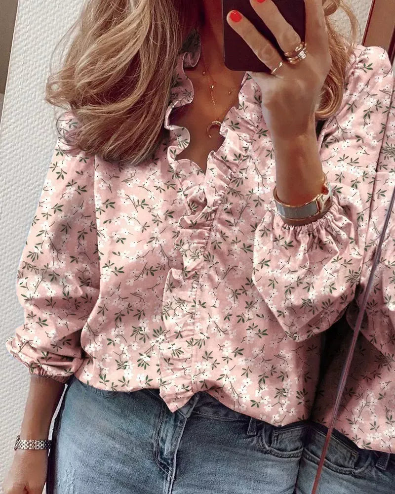 Full Size Printed V-Neck Blouse with Ruffled Plus Size