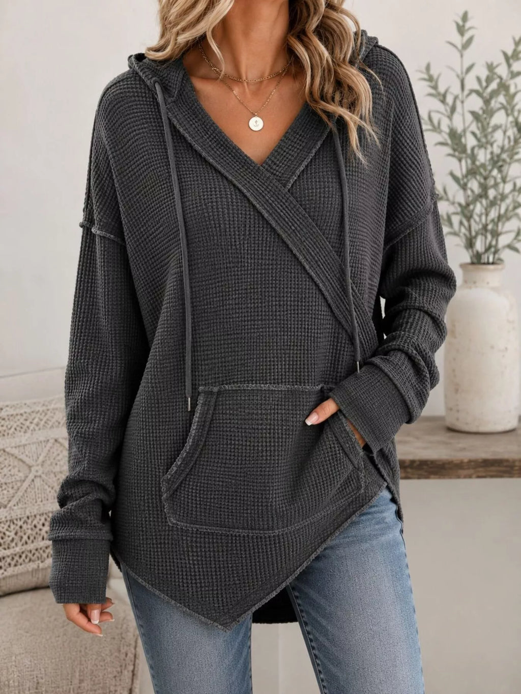 Drawstring Waffle Knit Hoodie