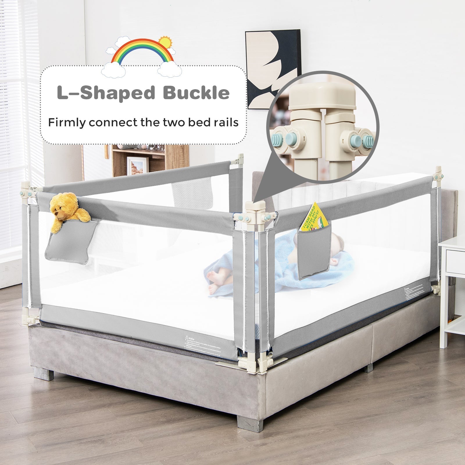 57 Inch Toddlers Vertical Lifting Baby Bed Rail Guard with Lock