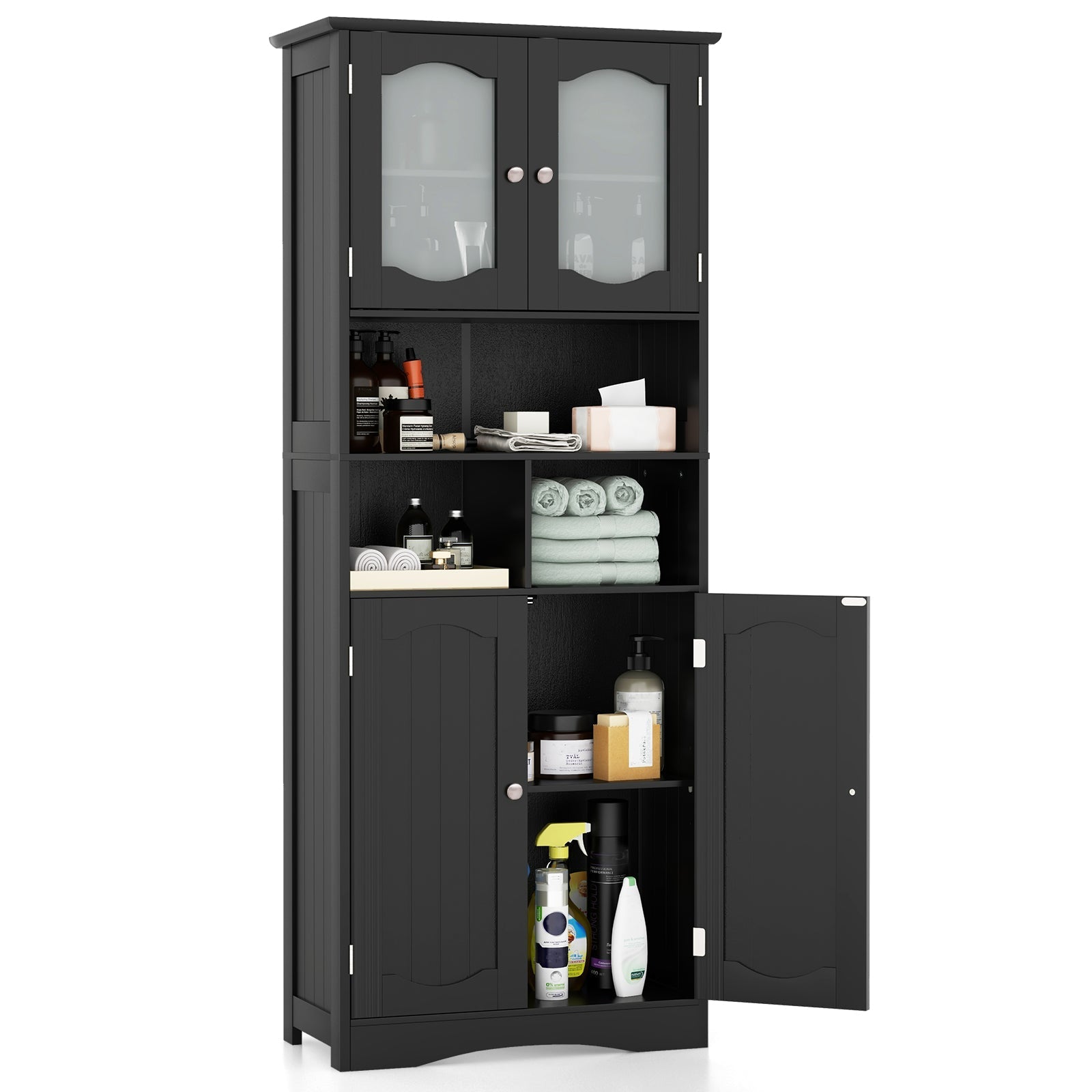 58.5 Inch Freestanding Linen Bathroom Storage Cabinet with Frost Glass Doors