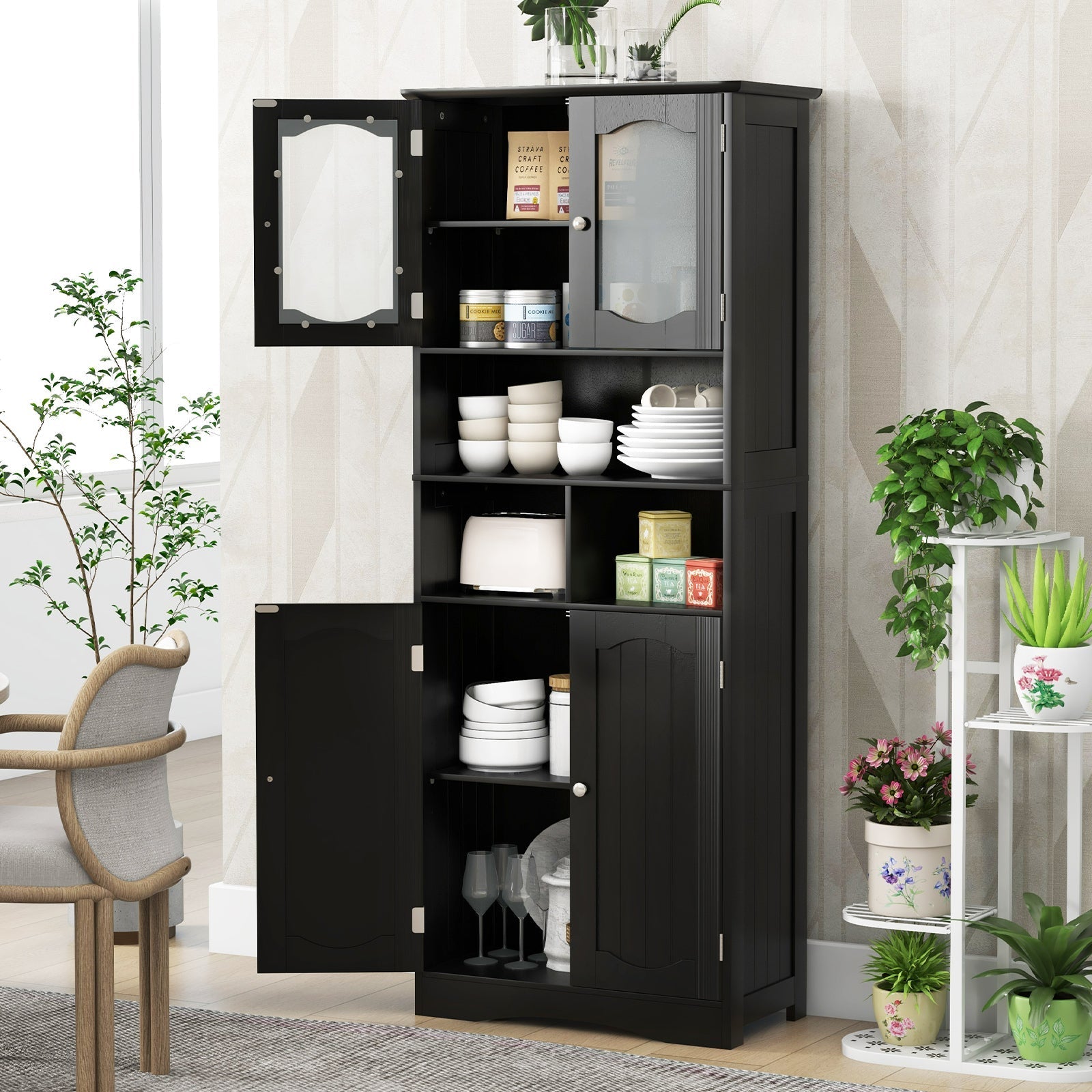58.5 Inch Freestanding Linen Bathroom Storage Cabinet with Frost Glass Doors