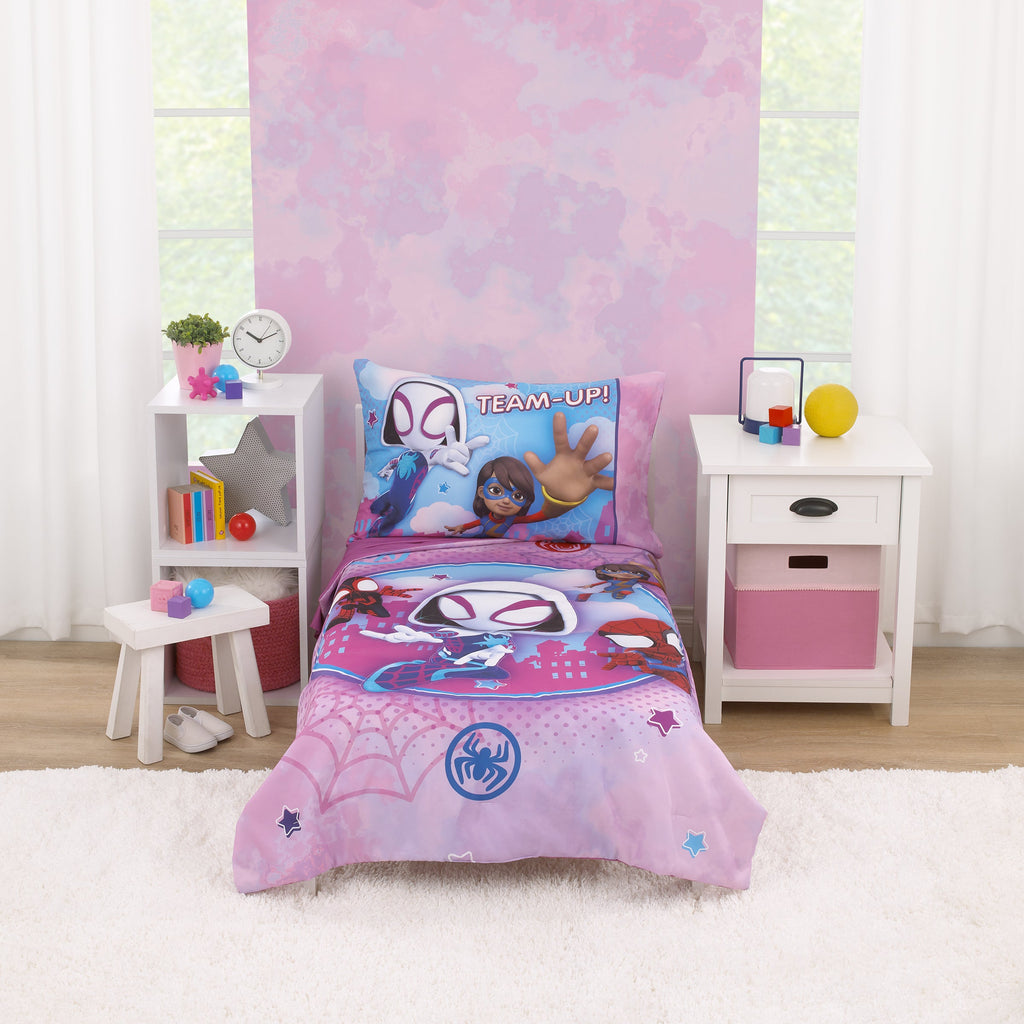 Marvel Ghost Spider, Go Ghosty Purple, Pink, and Blue 4 Piece Toddler Bed Set - Comforter, Fitted Bottom Sheet, Flat Top Sheet, and Reversible Pillowcase