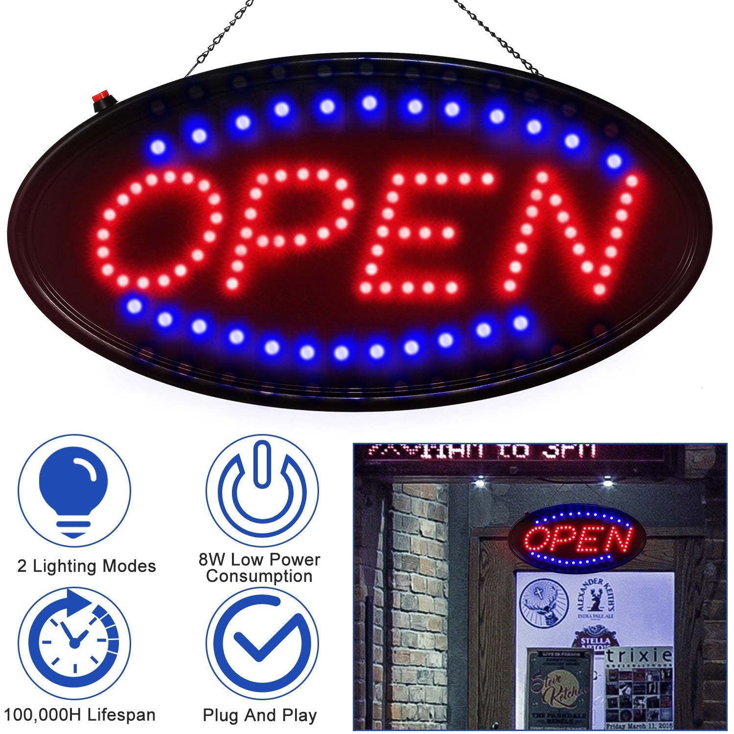 Neon Open Sign with LED Flash/Static Modes for Shops