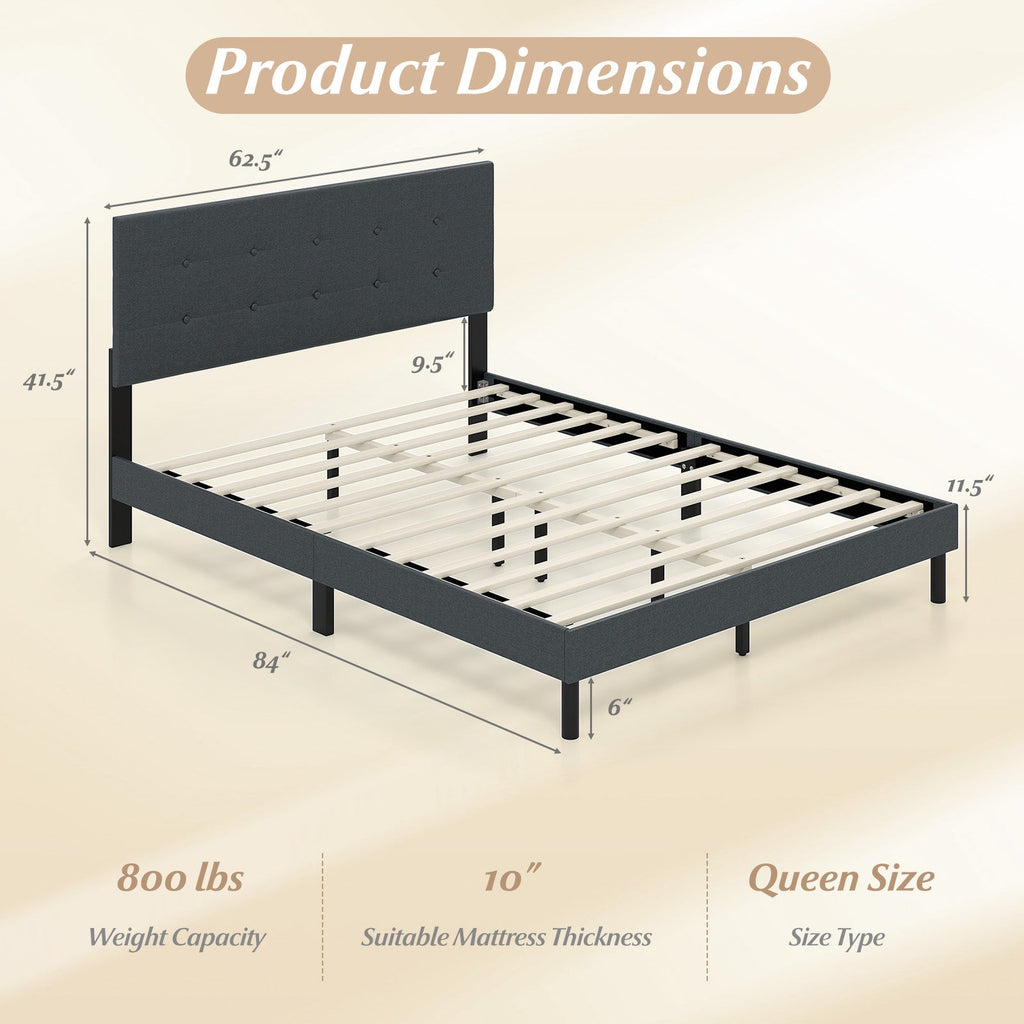 Queen Size Upholstered Bed Frame Linen Platform Bed-Dark Gray