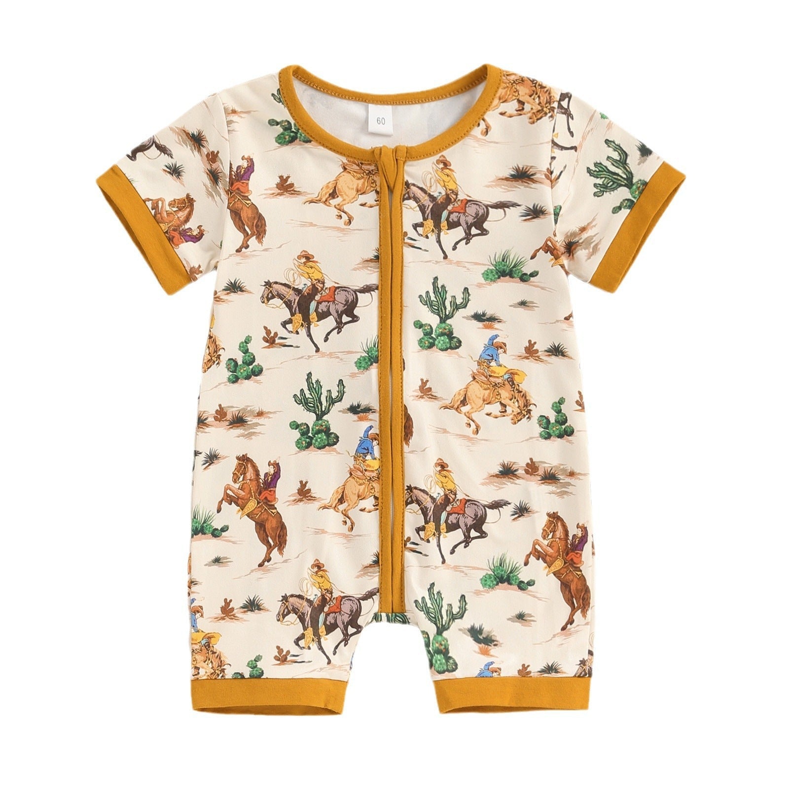 Printed Short-sleeve Onesie Newborn Round-neck Zip-up Romper