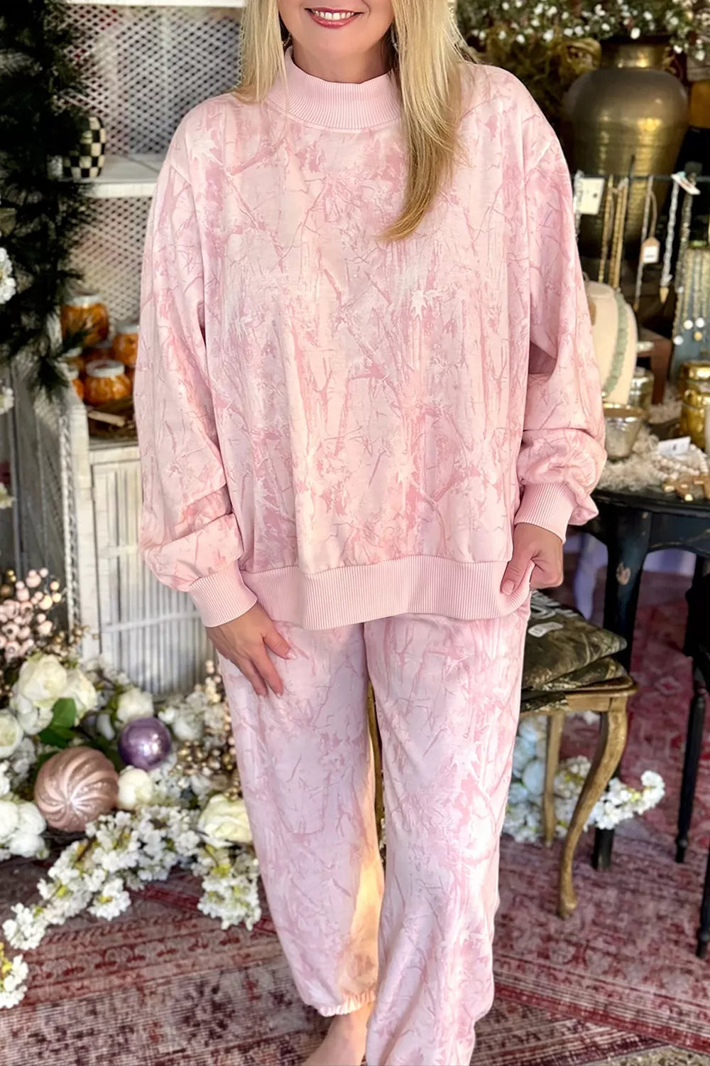 Plus Size Camouflage Print Stand Neck Long Sleeve Top and Pants Set
