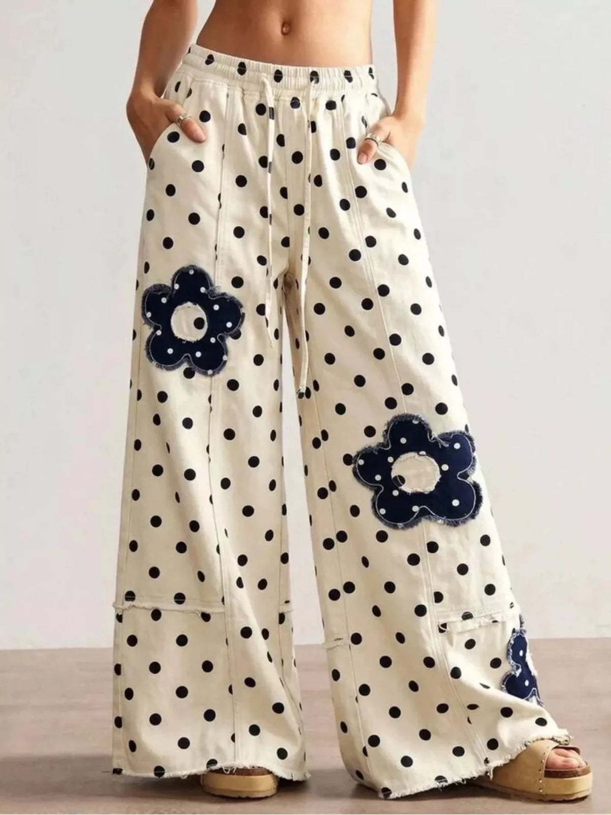 Floral Applique Polka Dot Wide-Leg Jeans