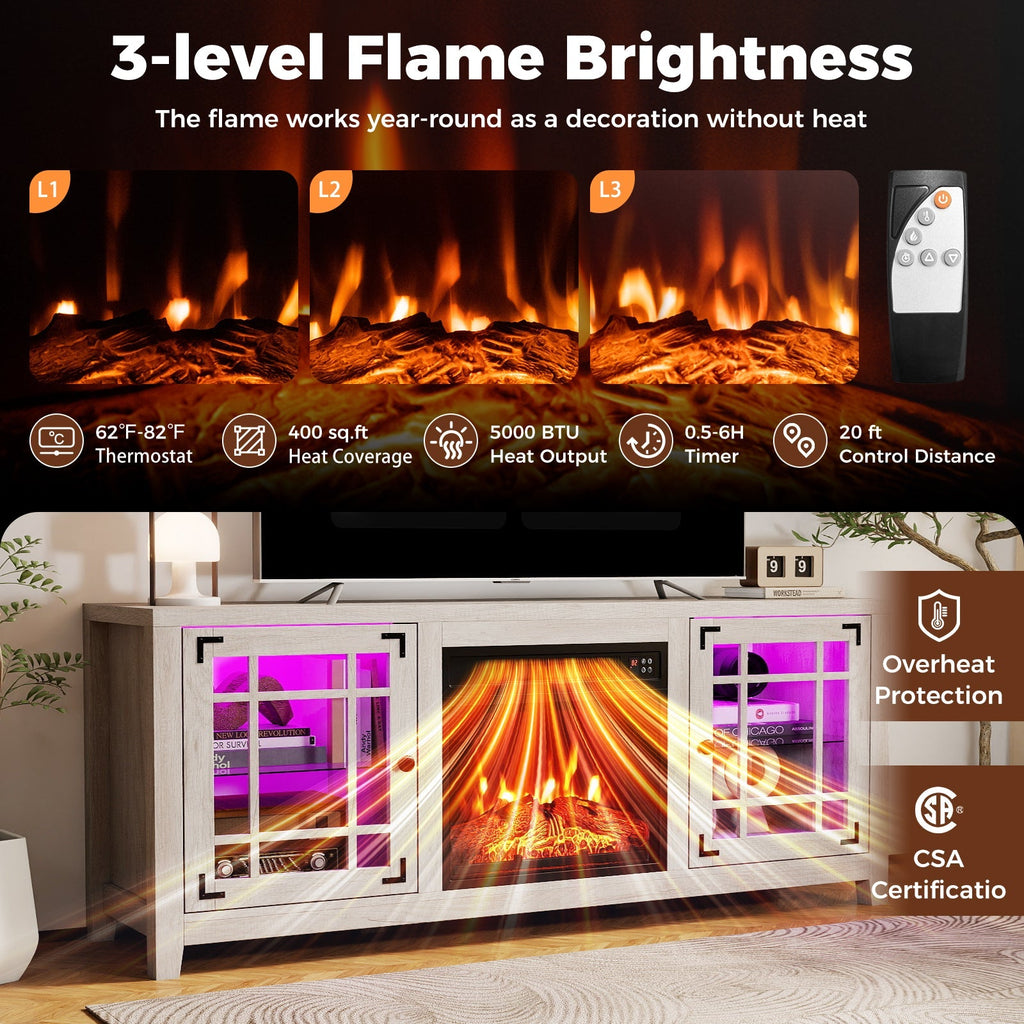 58" Fireplace TV Stand with LED Lights and 18" Electric Fireplace