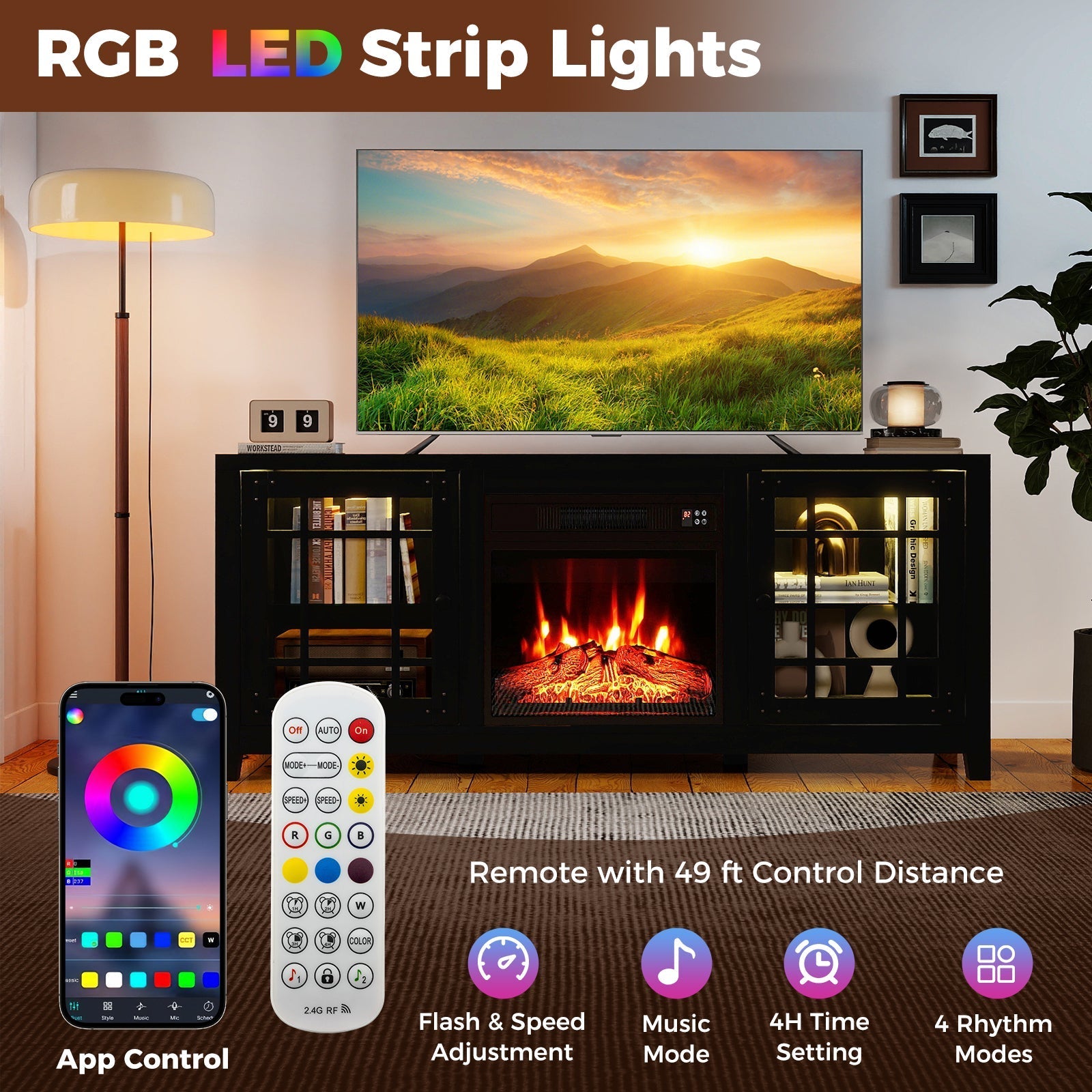 58" Fireplace TV Stand with LED Lights and 18" Electric Fireplace