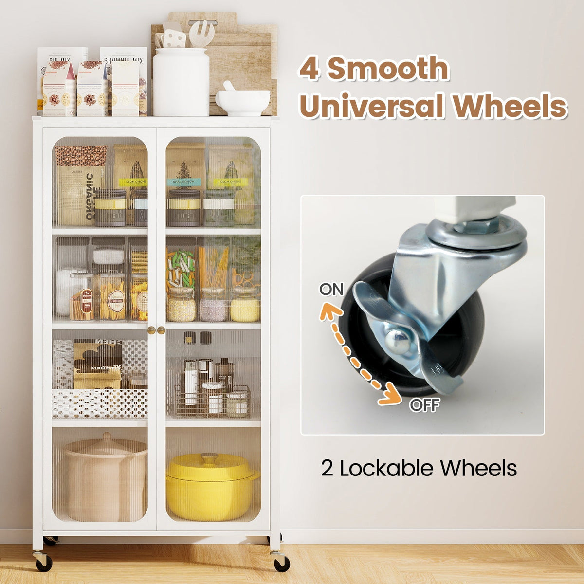 58 Inches Bookcase with Adjustable Shelves and Lockable Wheels-White