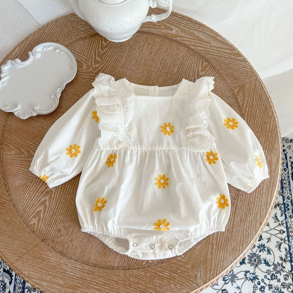 Sweet Daisies Embroidery Rompers Long Sleeve Onesie