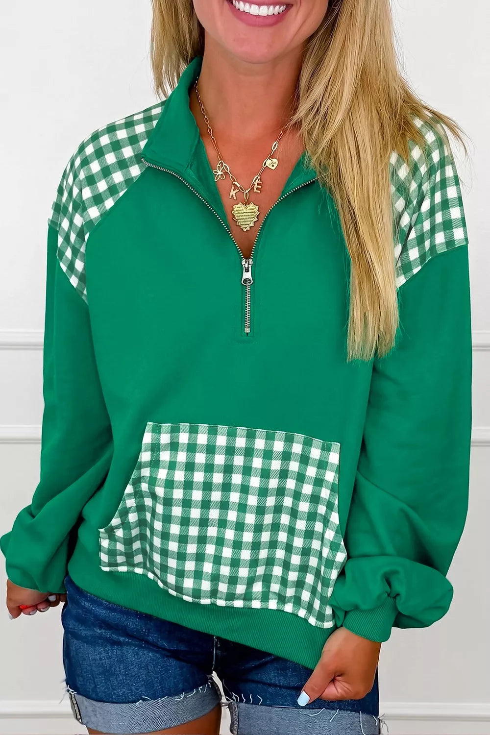 Plaid Kangaroo Pocket Quarter-Zip Sweatshirt