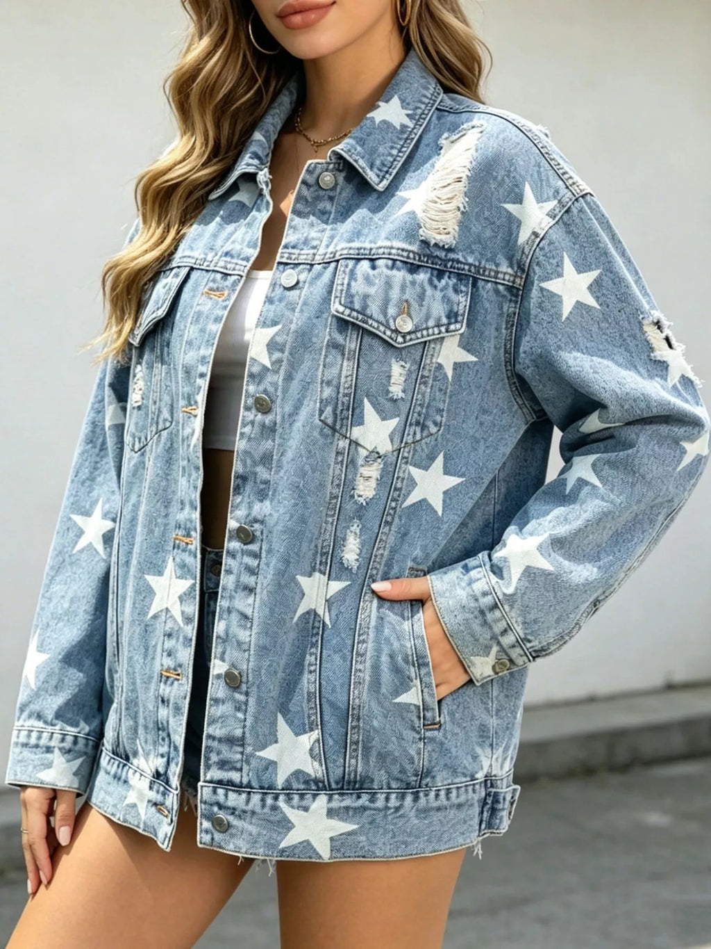 Star Print Distressed Oversized Denim Jacket