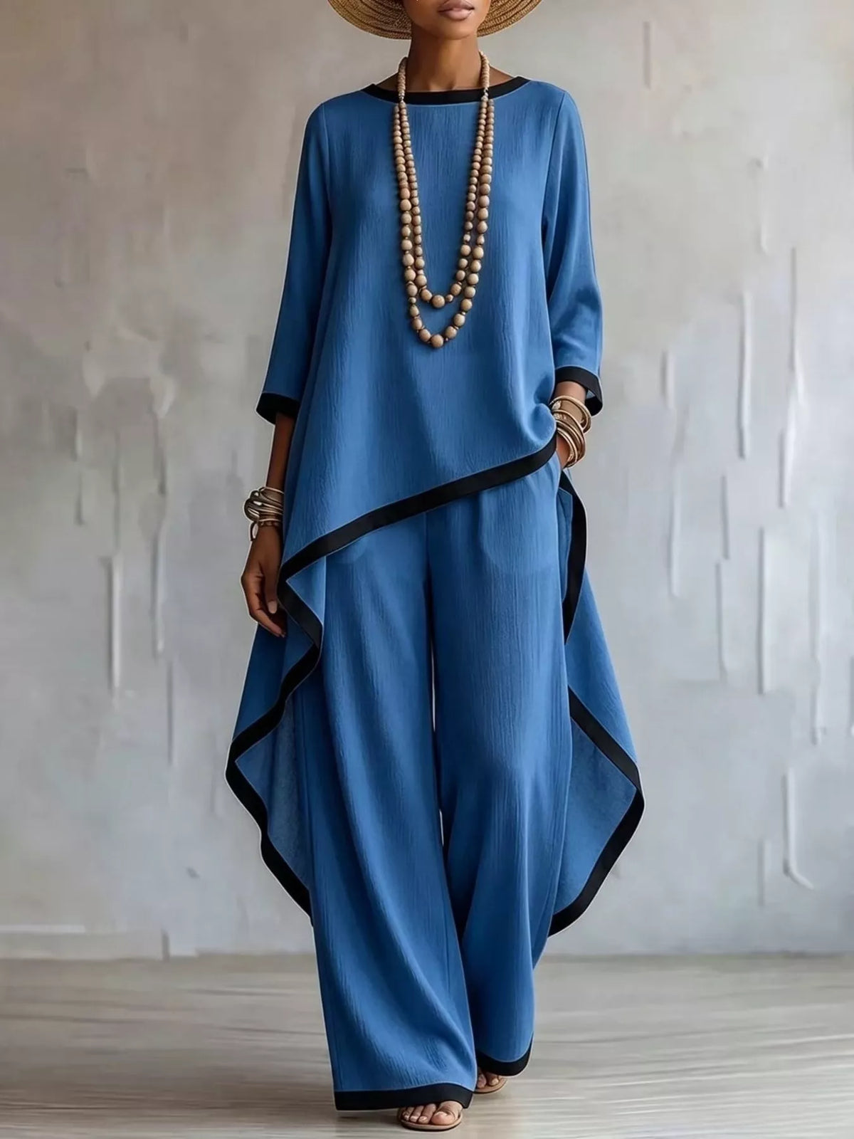 Full Size Contrast Trim High-Low Top and Pants Set Plus Size