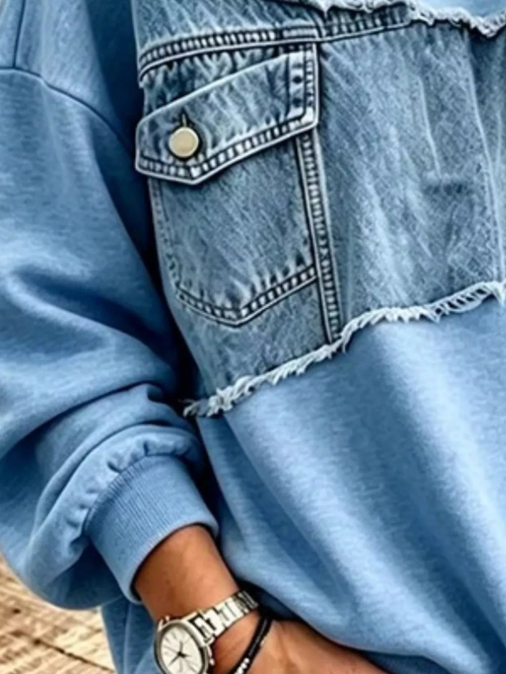 Full Size Denim Patchwork Dropped Shoulder Sweatshirt Plus Size