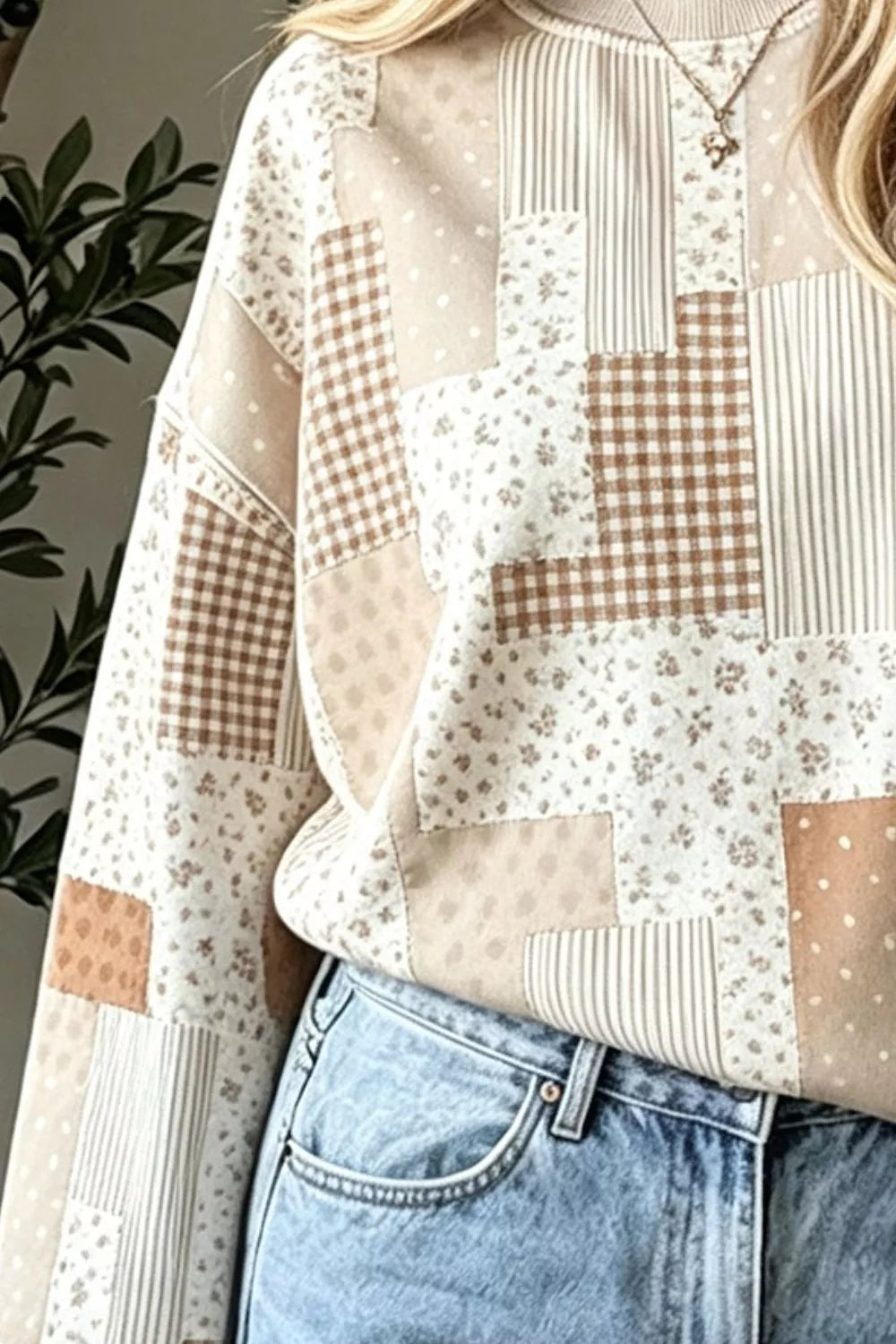 Vintage Patchwork Print Dropped Shoulder Sweatshirt