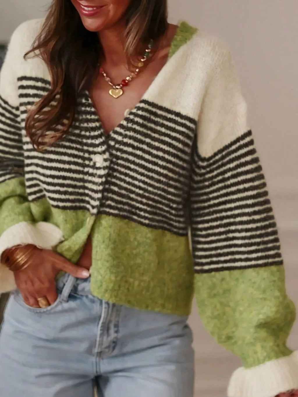 Striped Color-Block Button-Down Cardigan