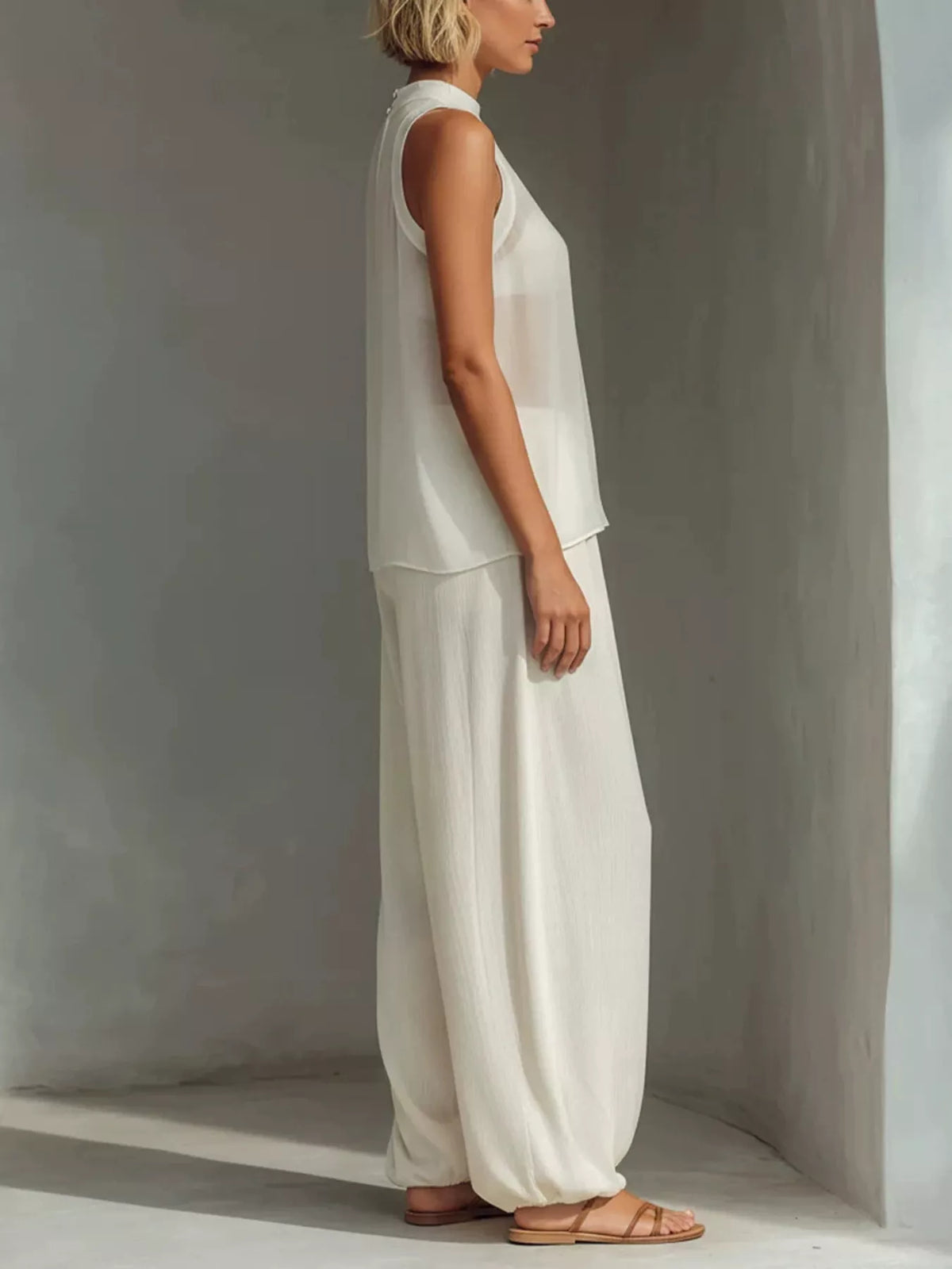 Full Size Sheer Sleeveless Top and Wide-Leg Pants Set Plus Size
