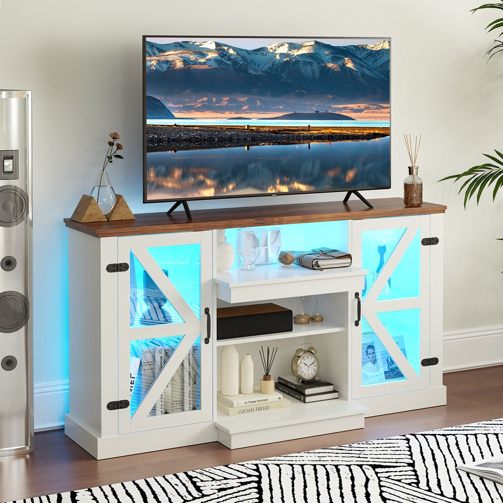 59 Inches Media Console Table with 3-Level Shelves and 22 Dynamic Modes-White