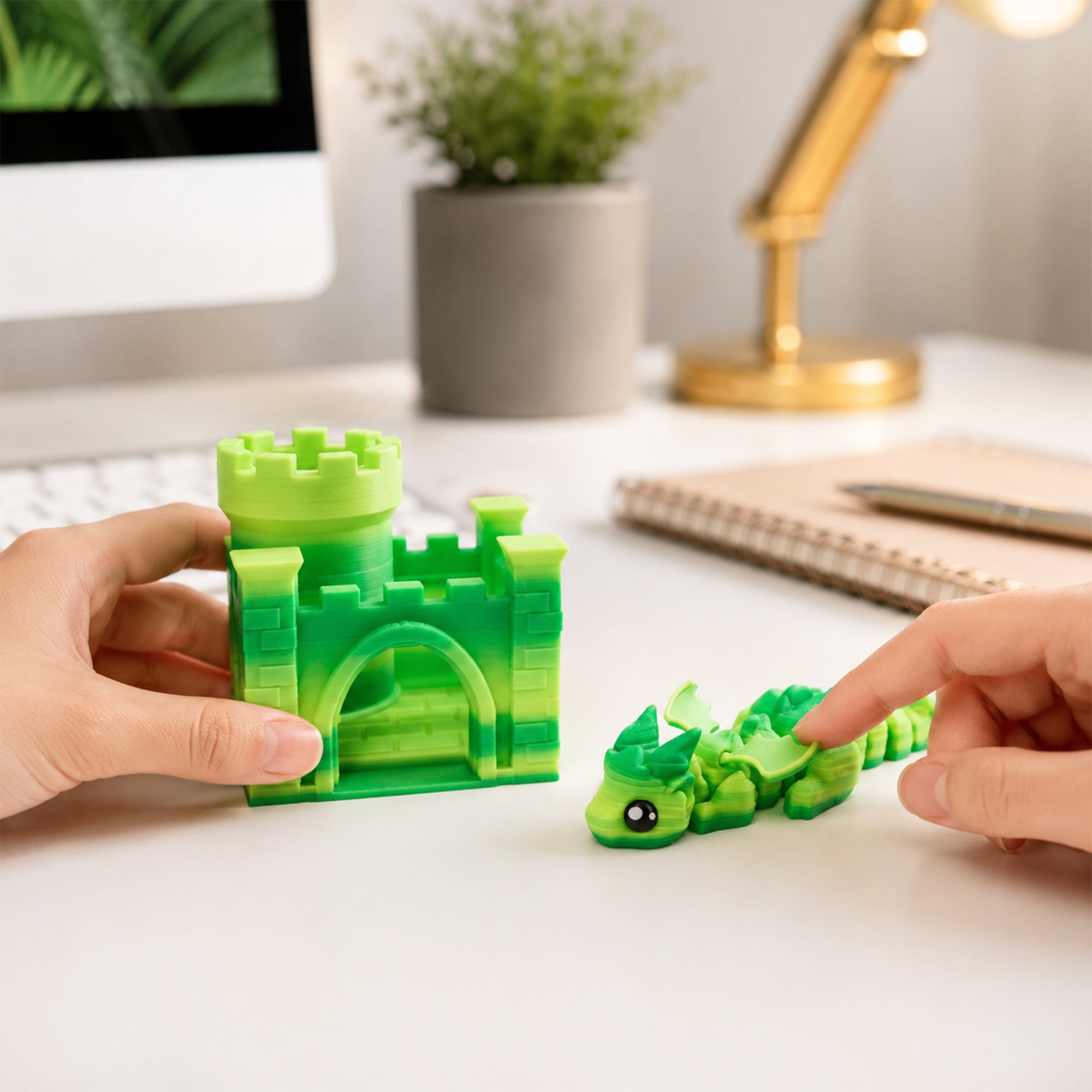 3D Printed Articulated Dragon And Castle Set, Cute Movable Flying Dragon Figure With Mini Castle, Desk Decor Fidget Toy Gift For Kids And Adults