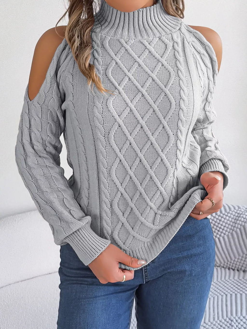 Cold-Shoulder Cable Knit Sweater