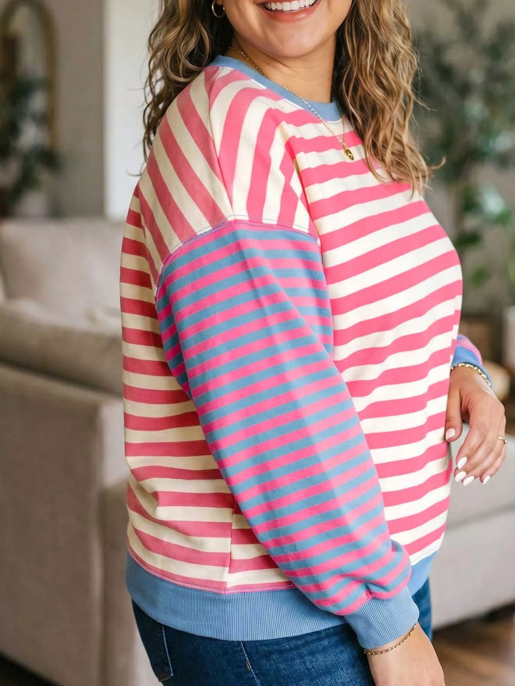 Plus Size Color Block Striped Crewneck Long Sleeve Shift Tunic Sweatshirt