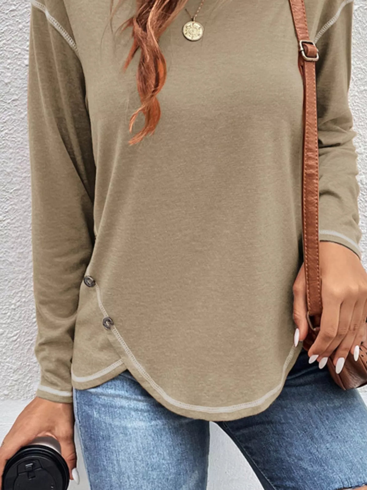 Casual Long Sleeve Exposed Seam T-Shirt with Decor Button