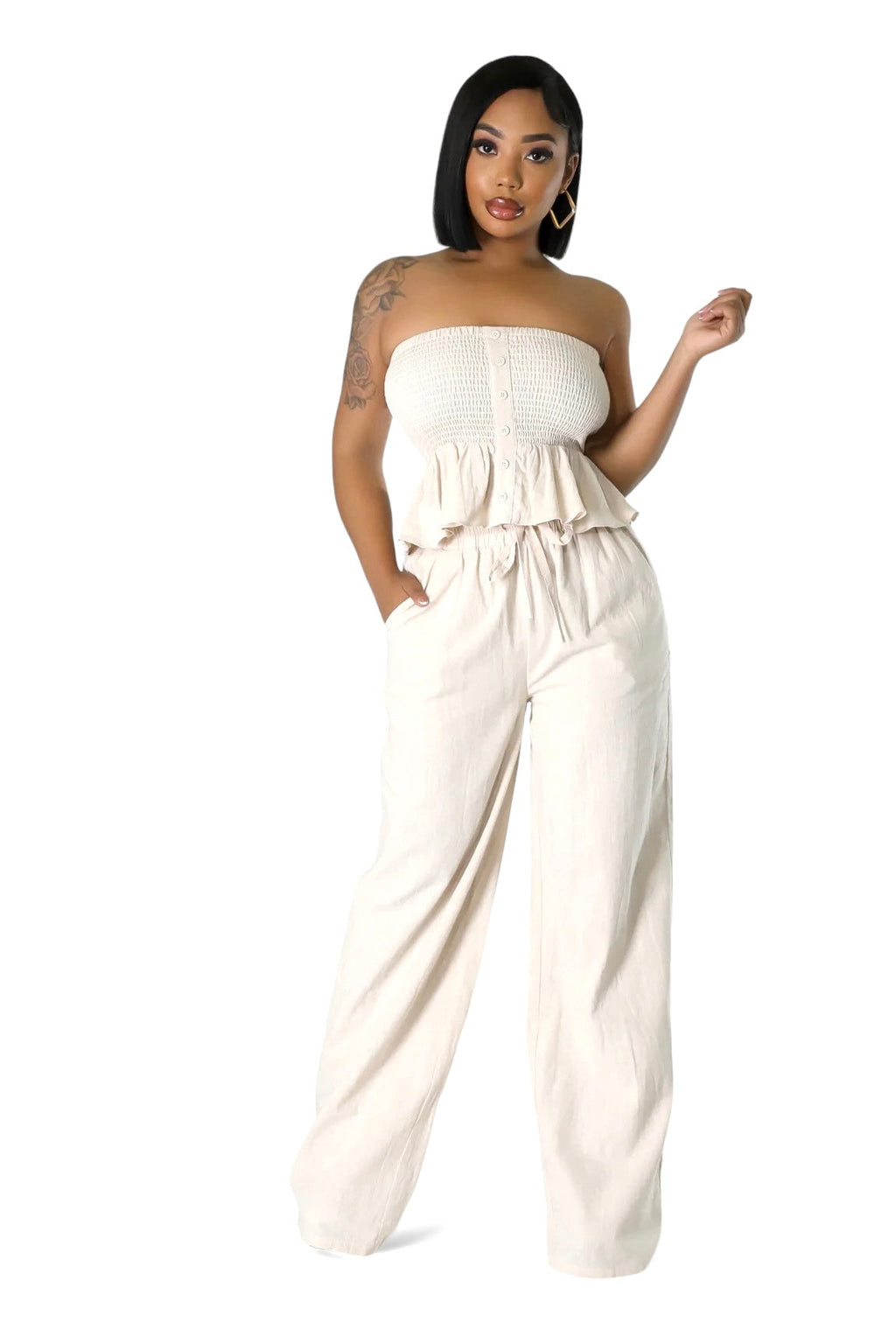 Two Piece Elastic Peplum Top & Pants Set
