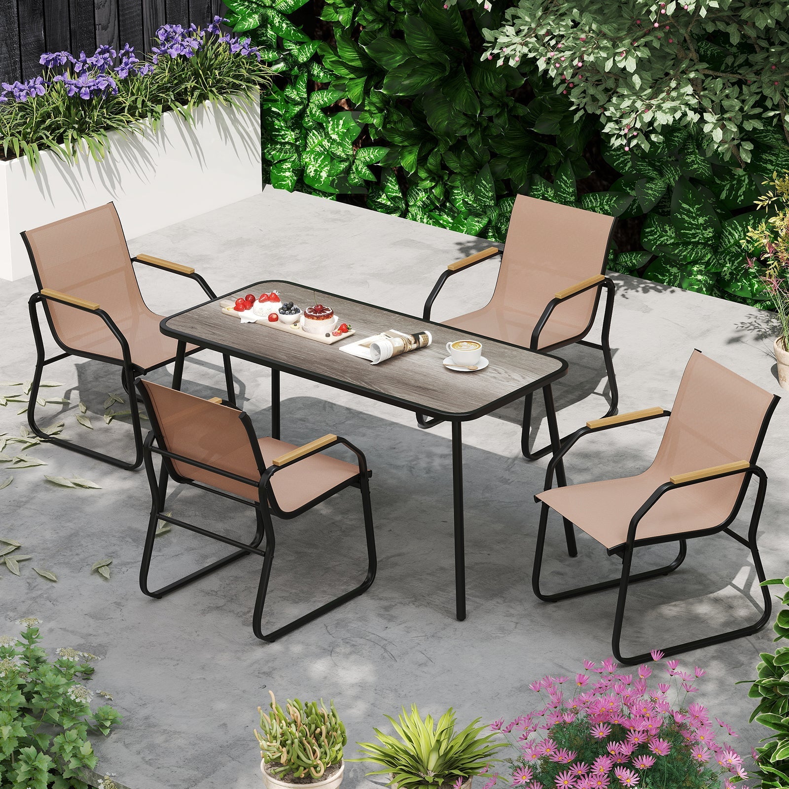 5 Pieces Patio Dining Set with Rectangular Table and Fabric Chairs-Brown