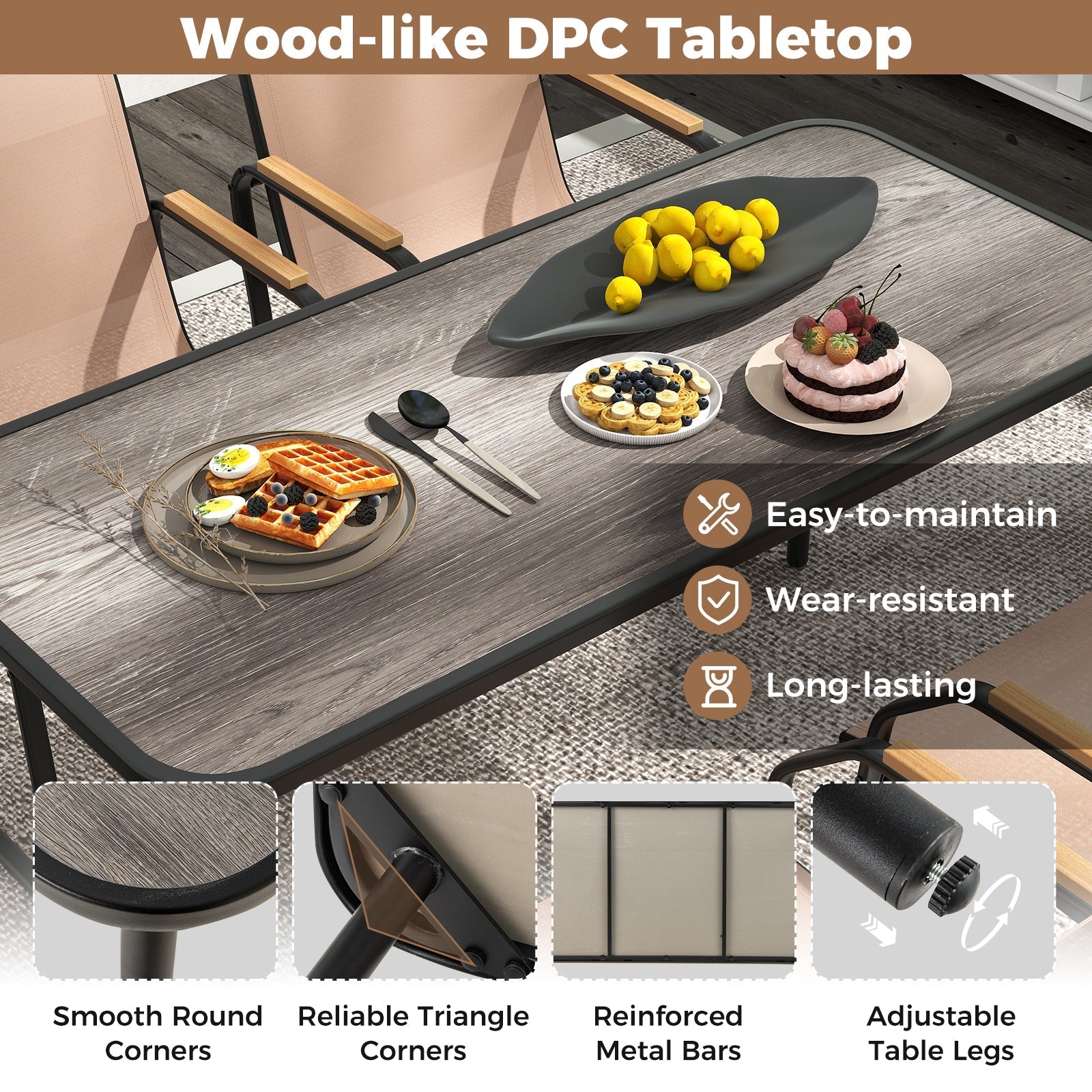 5 Pieces Patio Dining Set with Rectangular Table and Fabric Chairs-Brown