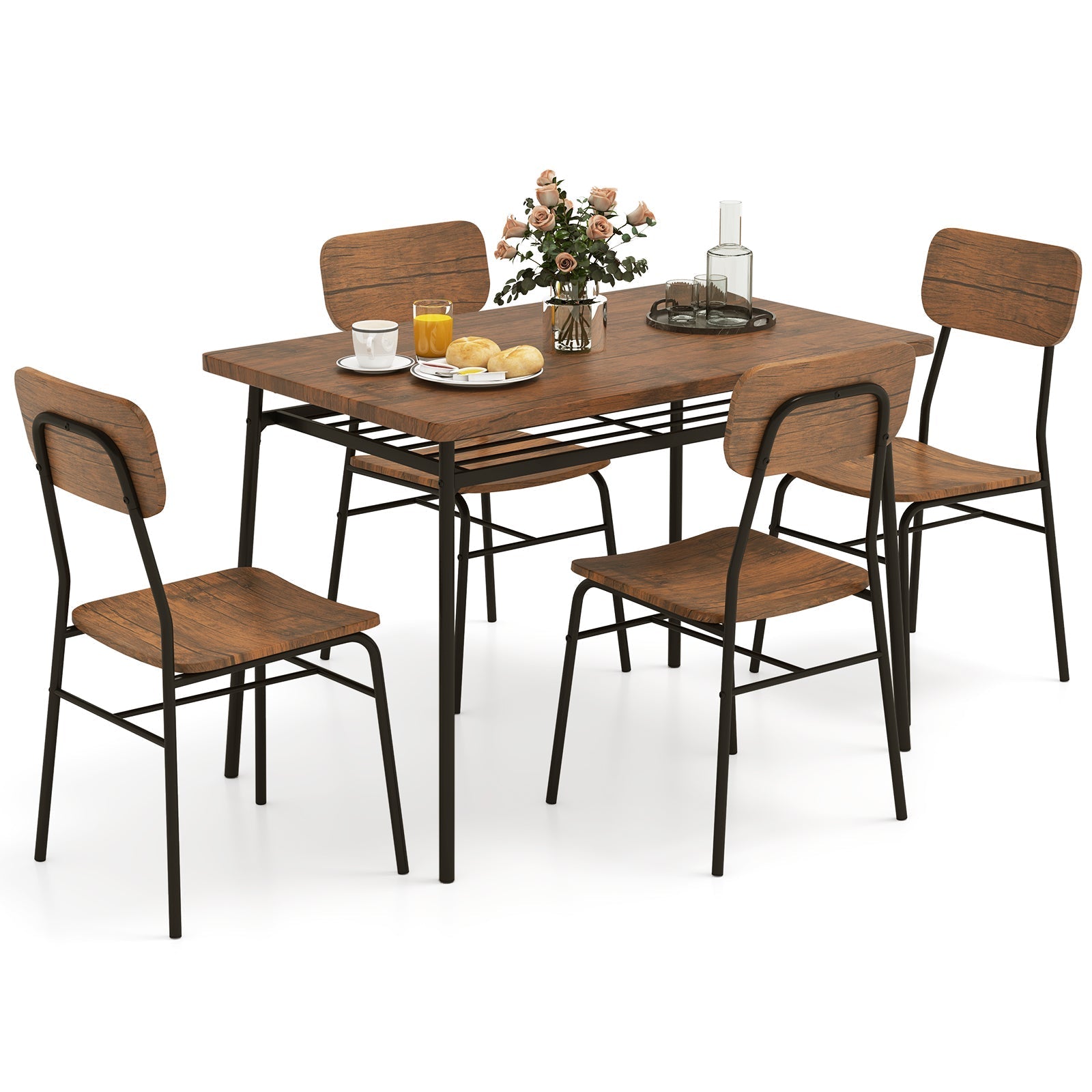 5-Piece Table Set for 4 with Metal Frame and Storage Rack-Brown