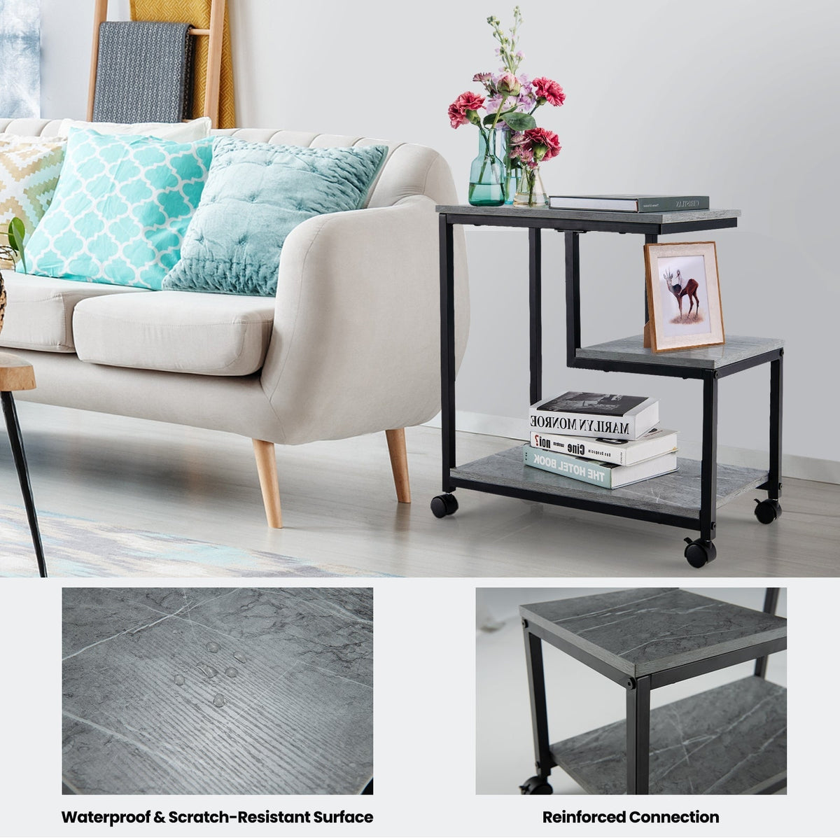 3-Tier Side Table with Storage and Universal Casters for Living Room and Bedroom-Black
