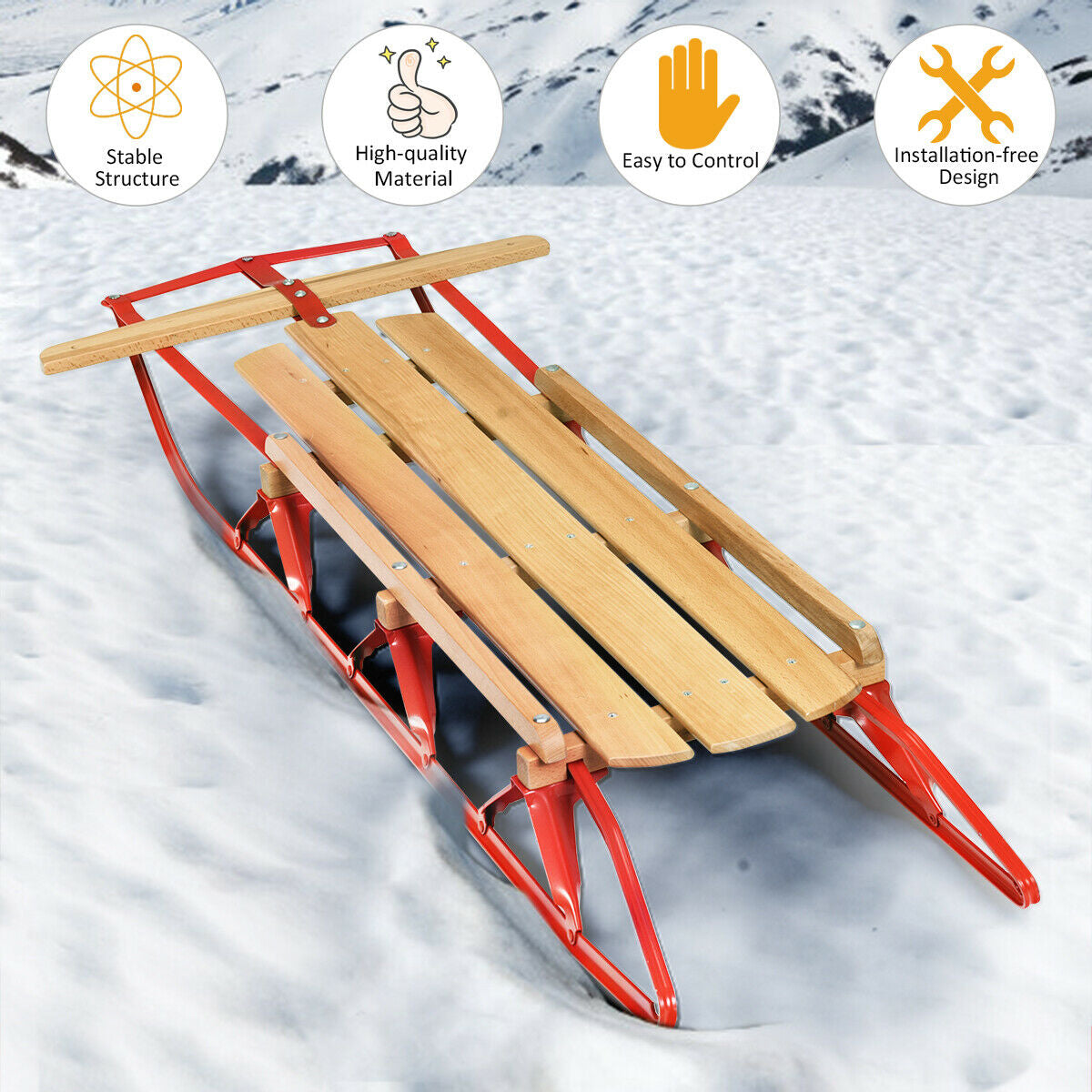 54 Inch Wood Snow Sled with Metal Runners and Steering Bar