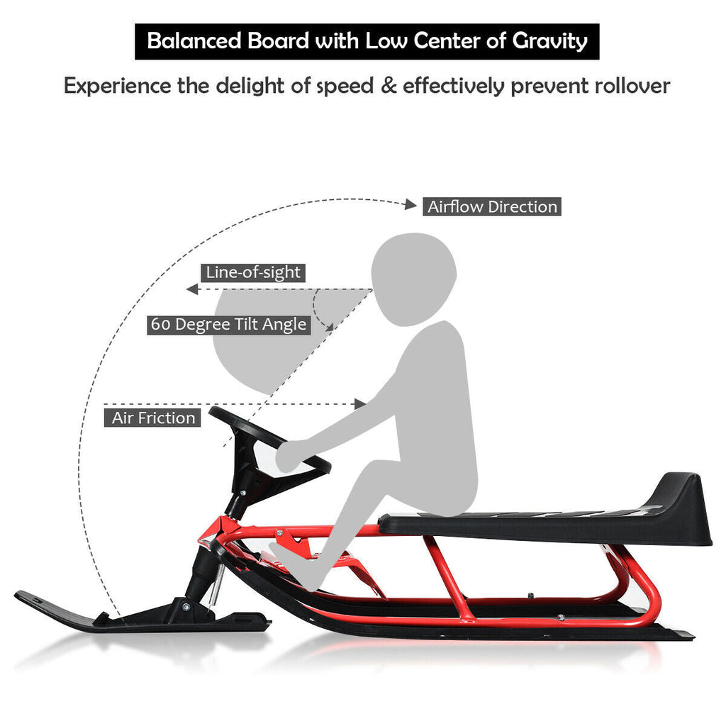 Kids Snow Sled with Steering Wheel and Double Brakes Pull Rope