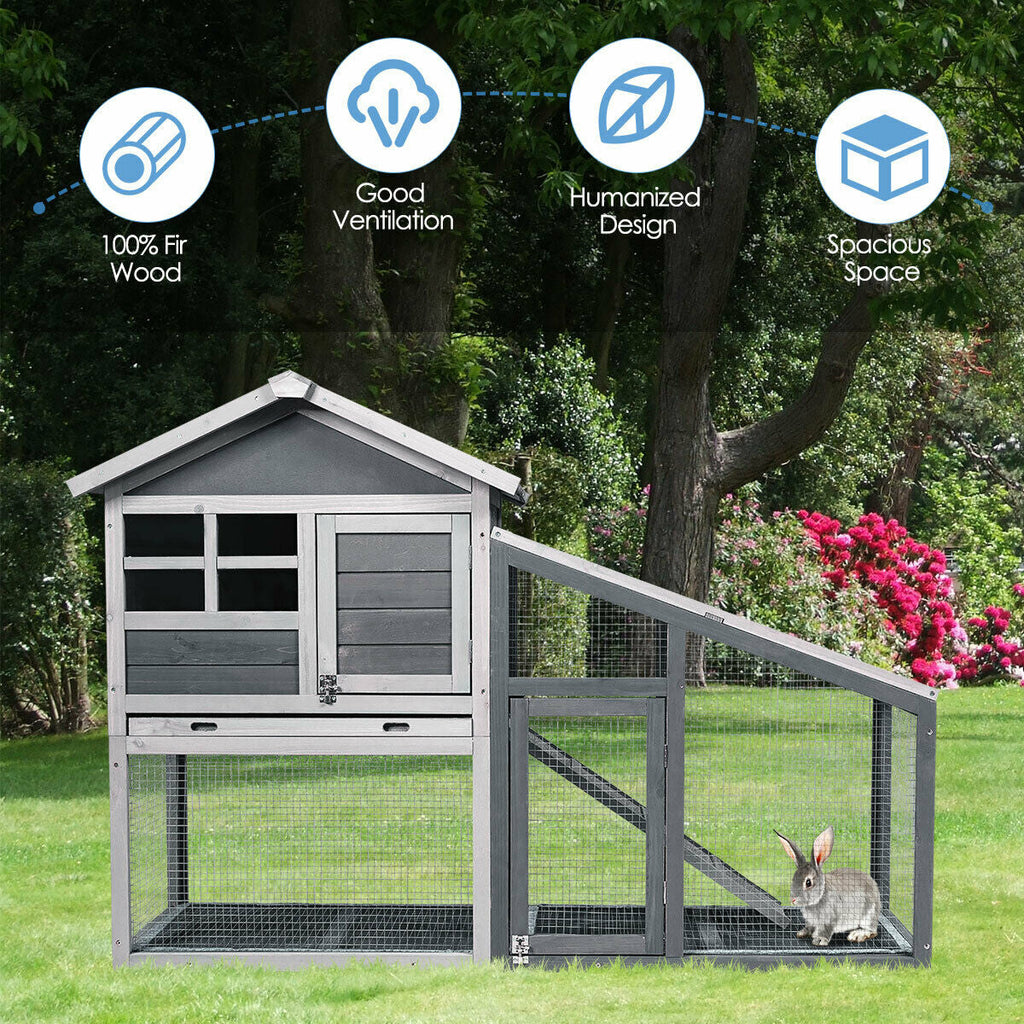 Wooden 56.5 Inch Length Rabbit Hutch with Pull out Tray and Ramp
