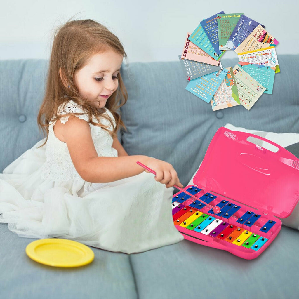 25 Notes Kids Glockenspiel Chromatic Metal Xylophone-Pink