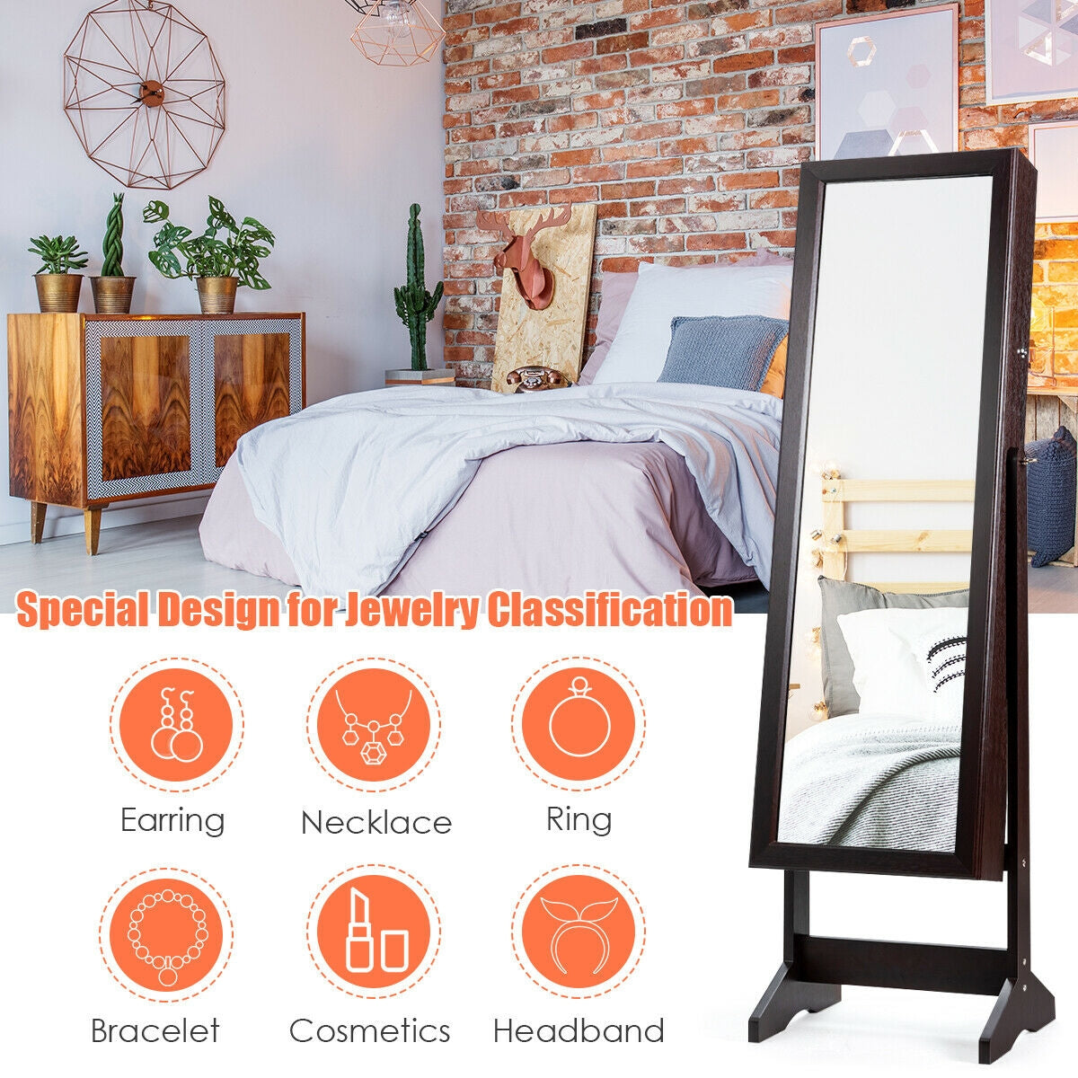 Jewelry Cabinet Stand Mirror Armoire with Large Storage Box