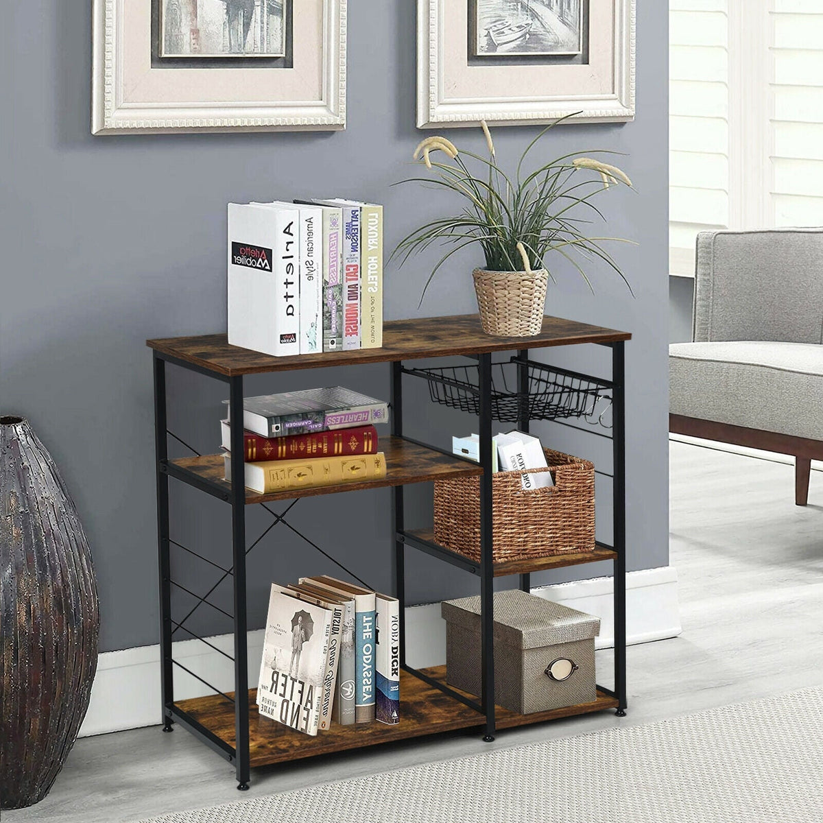 Industrial Kitchen Baker's Rack Microwave Shelf with 6 Hooks