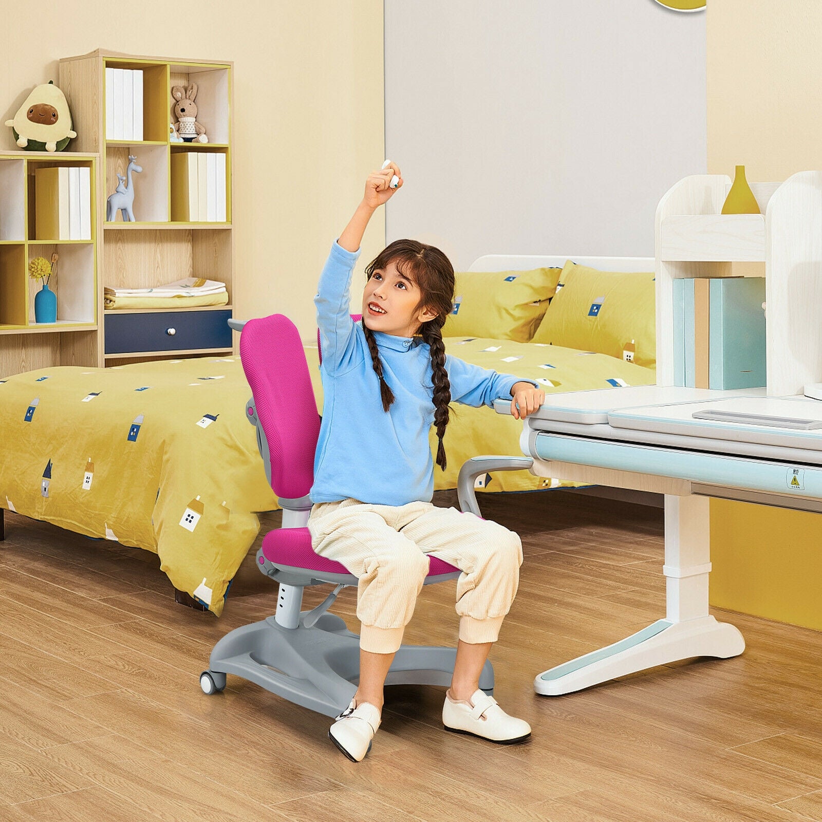 Adjustable Height Student Chair with Sit-Brake Casters and Lumbar Support for Home and School
