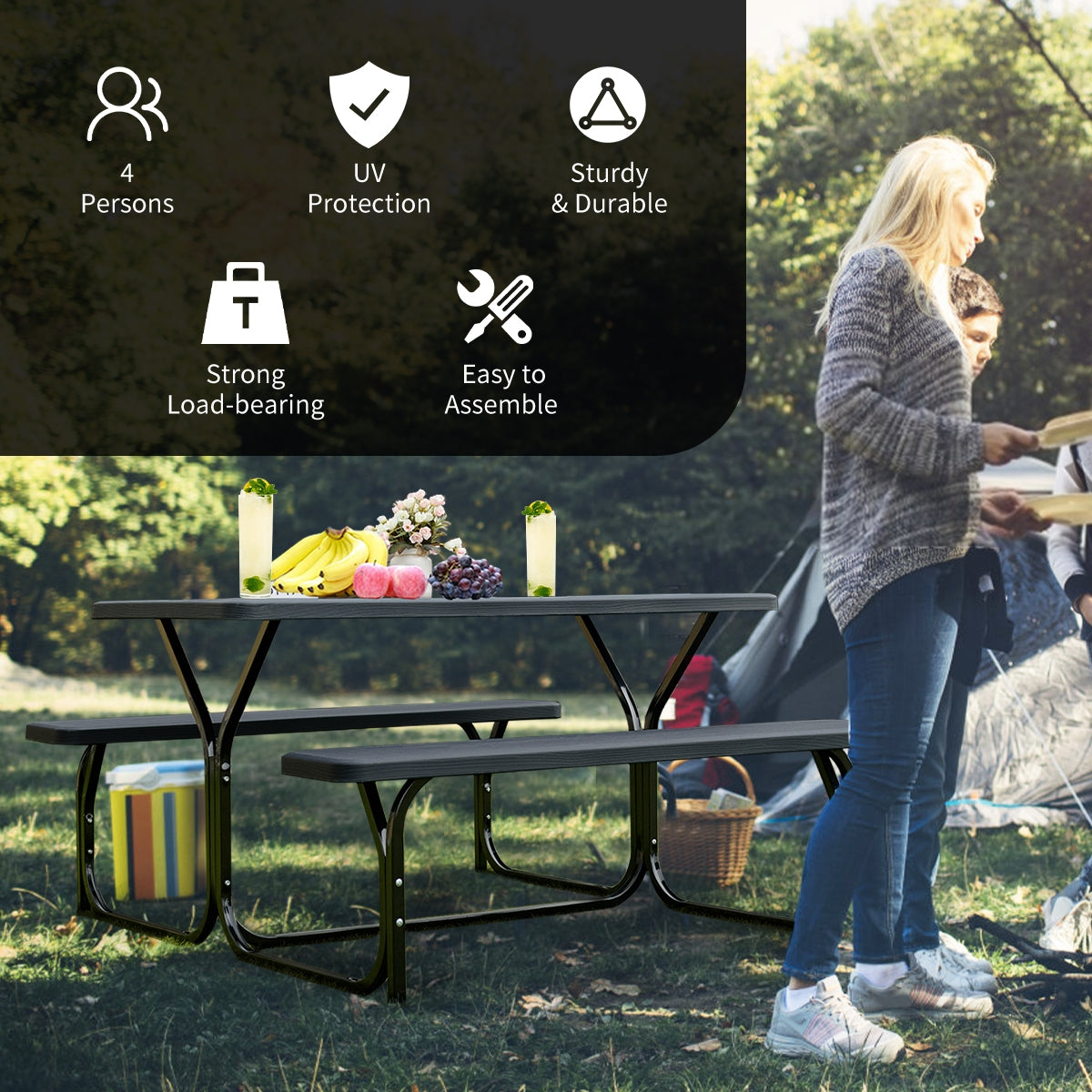 HDPE Outdoor Picnic Table Bench Set with Metal Base