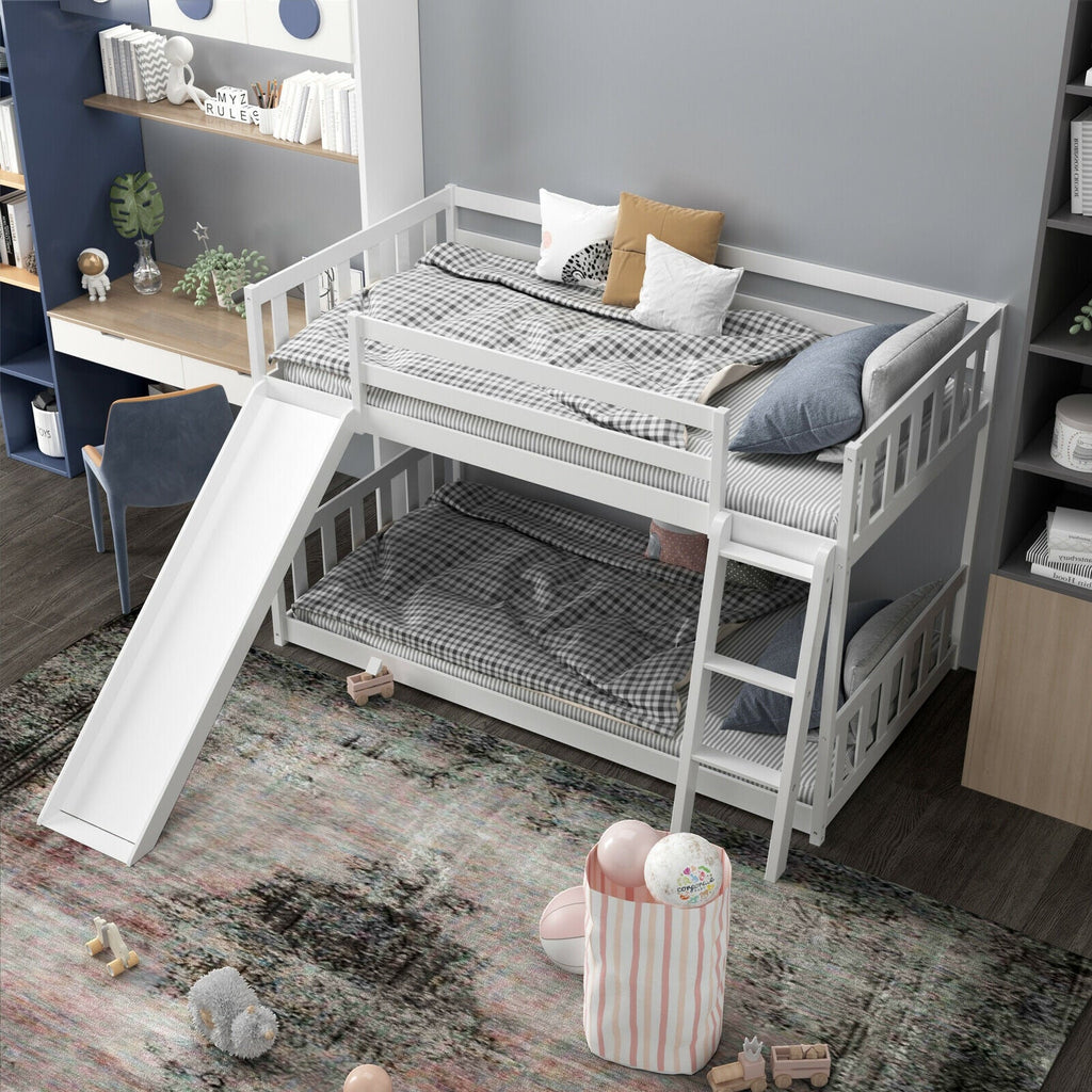 Twin over Twin Bunk Wooden Low Bed with Slide Ladder for Kids