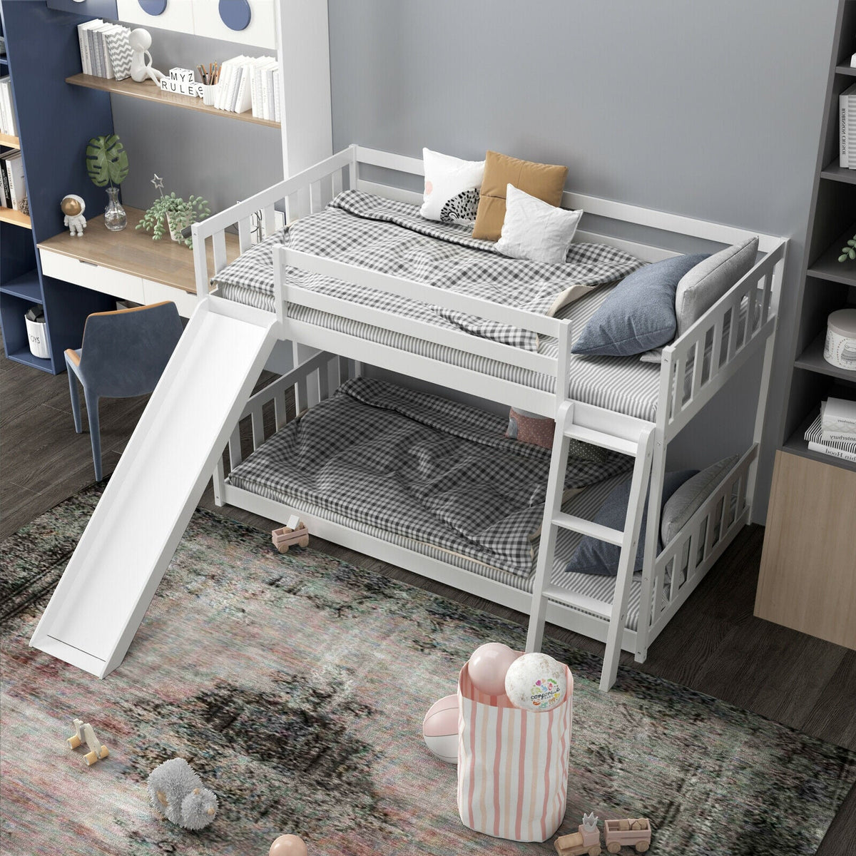 Twin over Twin Bunk Wooden Low Bed with Slide Ladder for Kids