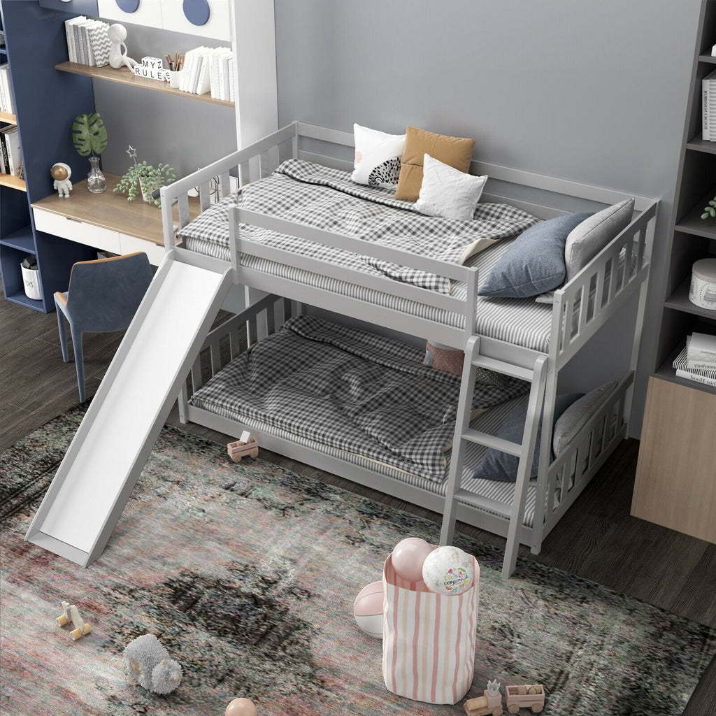 Twin over Twin Bunk Wooden Low Bed with Slide Ladder for Kids