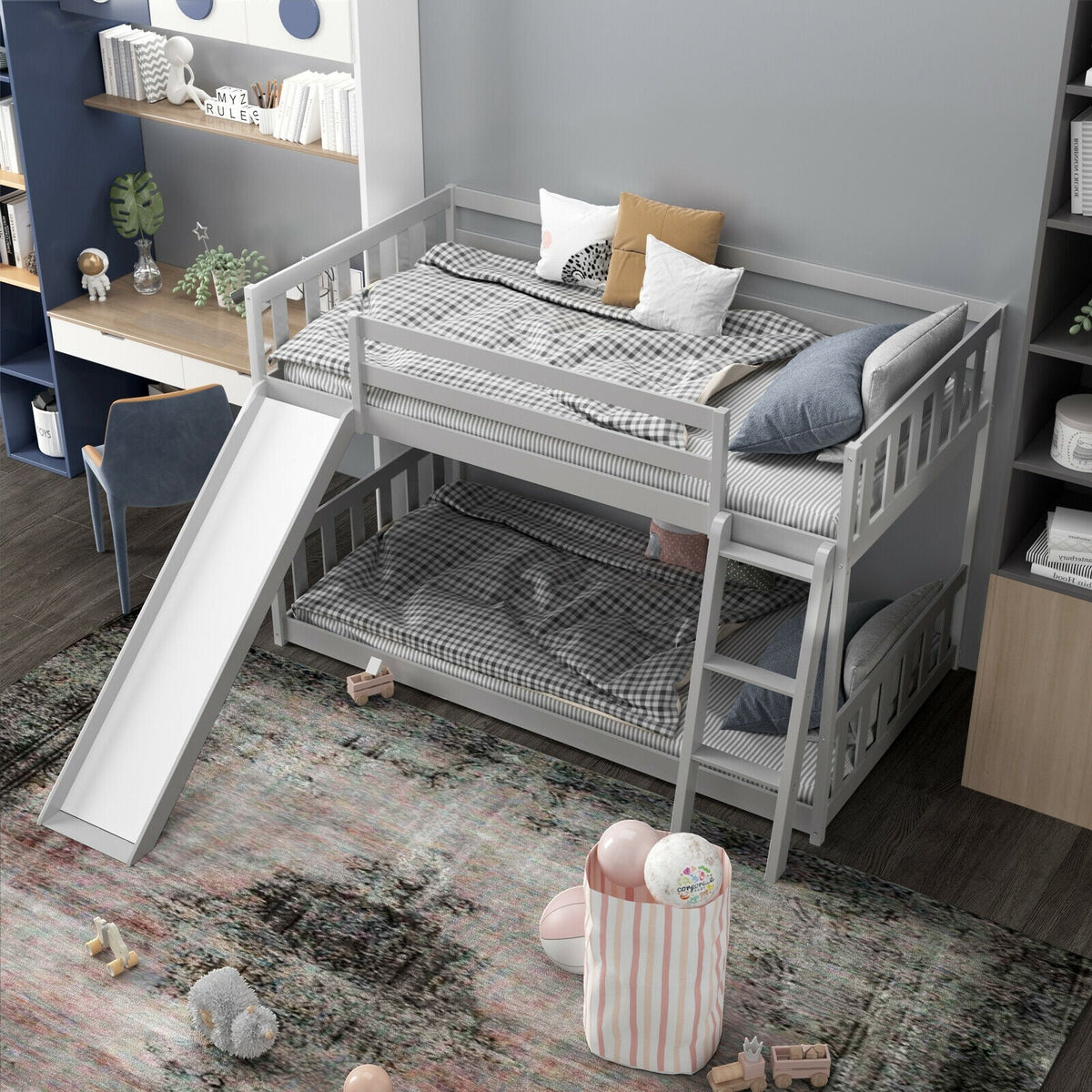 Twin over Twin Bunk Wooden Low Bed with Slide Ladder for Kids