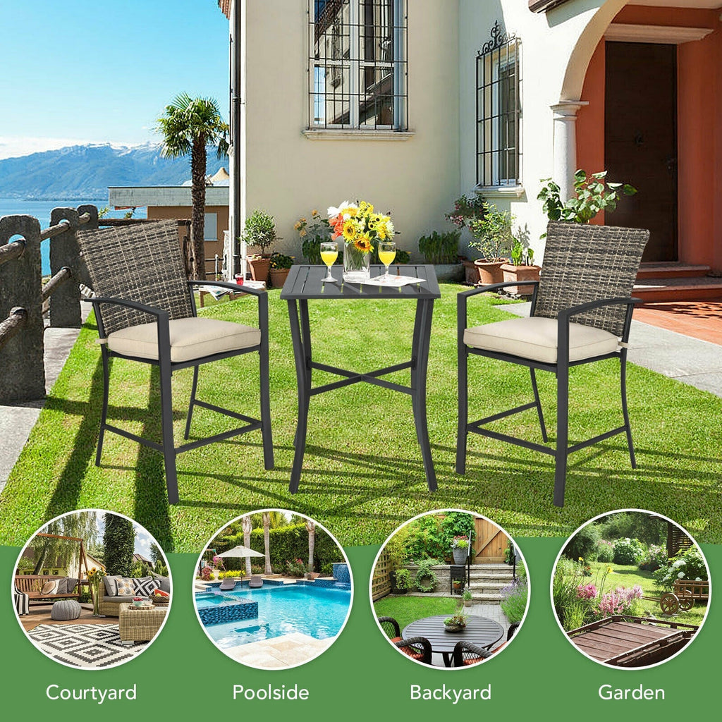 3 Pieces Rattan Bar Furniture Set with Slat Table and 2 Cushioned Stools