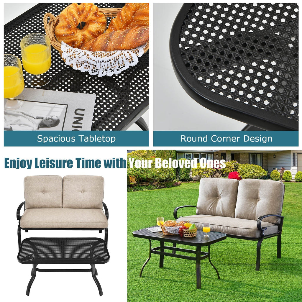 2 Pieces Patio Loveseat Bench Table Furniture Set with Cushioned Chair-Blue
